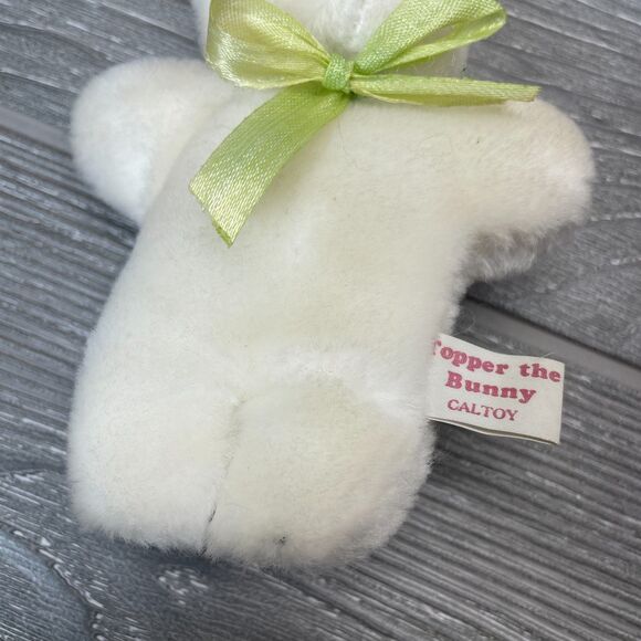 Vintage Caltoy Topper the White Bunny Rabbit Plush Green Bow Mini Stuffed Animal - Picture 3 of 12